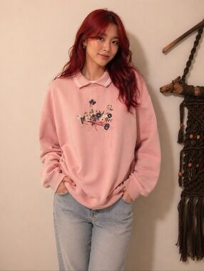 5 For $15 Pink Sweatshirt with Floral Embroidery